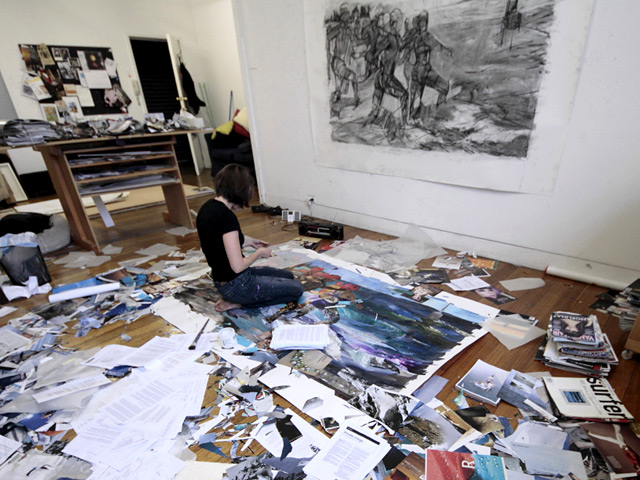 Melbourne artist Rebecca Jones - Commission - Foyer, collage - Design Management Group, Perth (2013) - Completing commission Melbourne artist Rebecca Jones at her studio